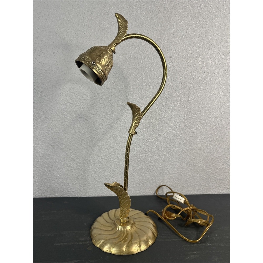 Vintage Brass Casted Metal Gooseneck Electric Table Lamp Leaves Leaf Design 19"‎